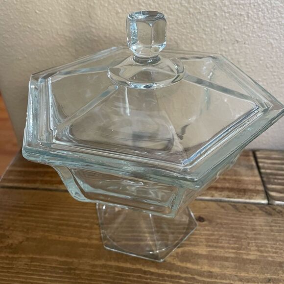 Vintage Pressed Glass Hexagon Shaped Candy Dish with Lid - Picture 9 of 15